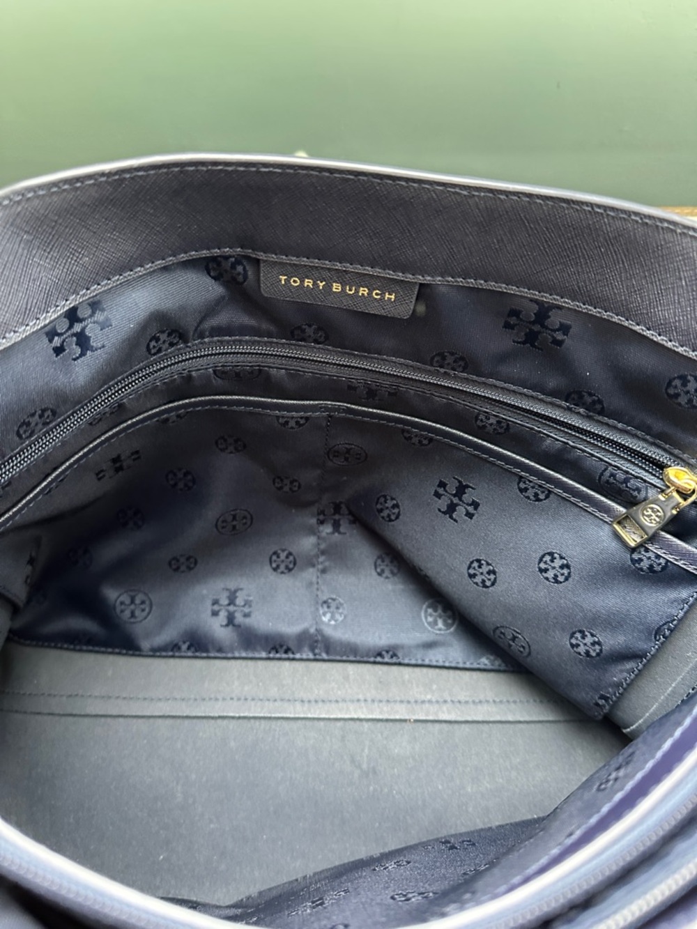 Tory Burch Navy Saffiano Leather Tote with Gold Logo - Picture 9 of 11